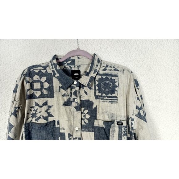 VANS Women's Size XL Ashley Blue Geometric Button Up Chest Pockets Long Sleeve - Picture 4 of 11